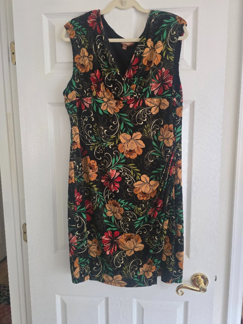 Ellen Tracy Dress Size XL Black Floral Ruched Stretch